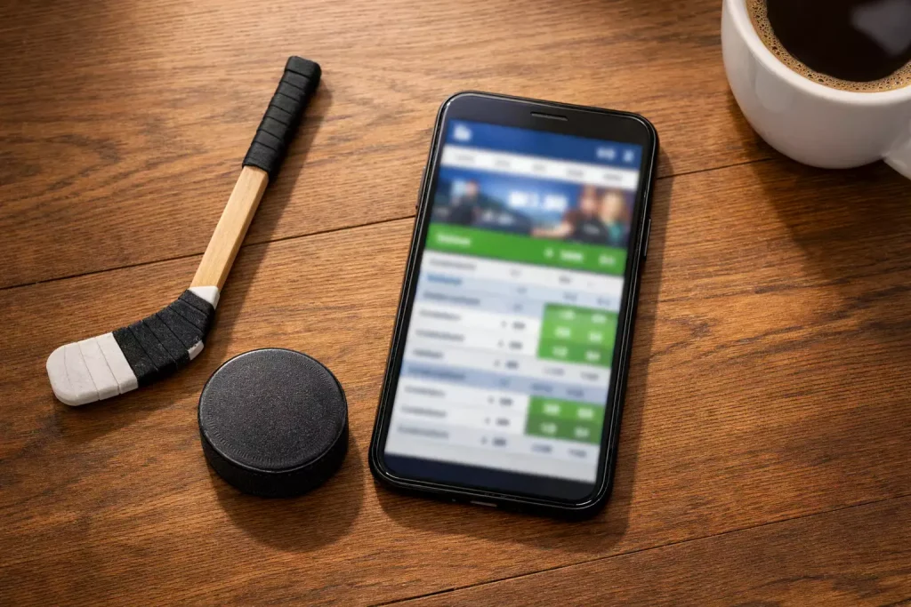 Smartphone met een sportweddenschap app naast een ijshockey puck en stick op een tafel