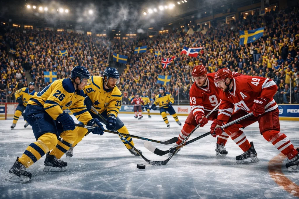 Europese ijshockeywedstrijd in een Scandinavisch stadion met publiek