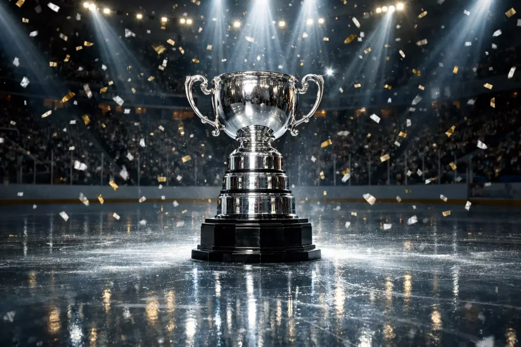De Stanley Cup-trofee op het ijs in een verlicht ijshockeystadion