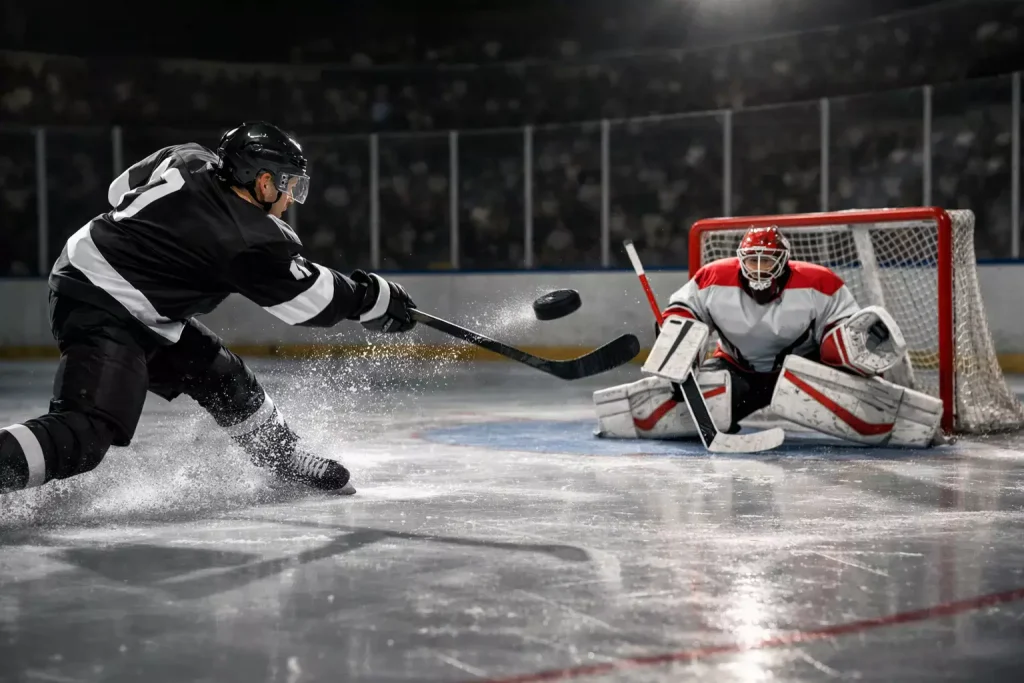 IJshockeyspeler schiet de puck op doel met schotlijnen zichtbaar op het ijs