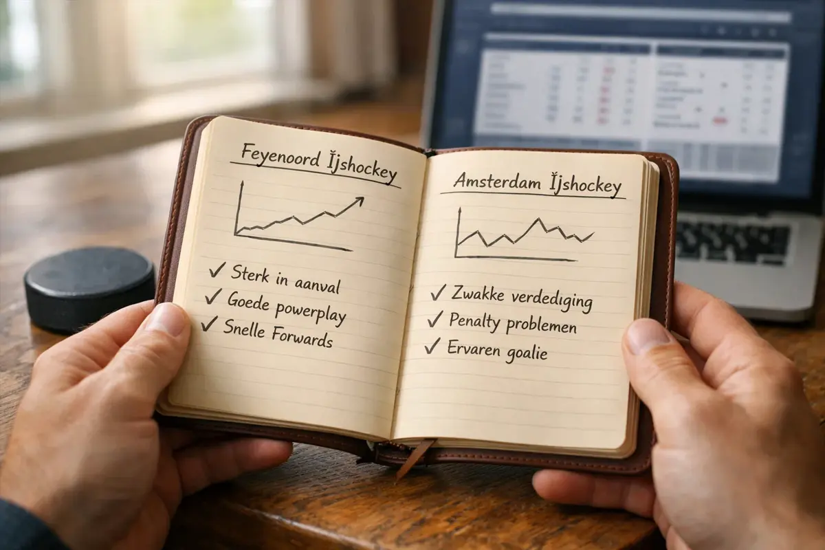 Persoon analyseert ijshockey teamstatistieken op een notitieblok