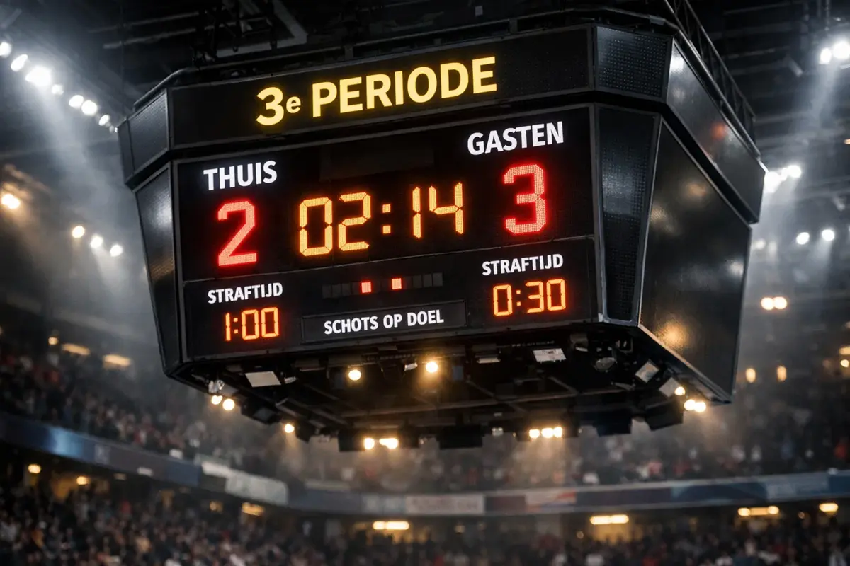 Scorebord toont derde periode tijdens spannende ijshockey wedstrijd