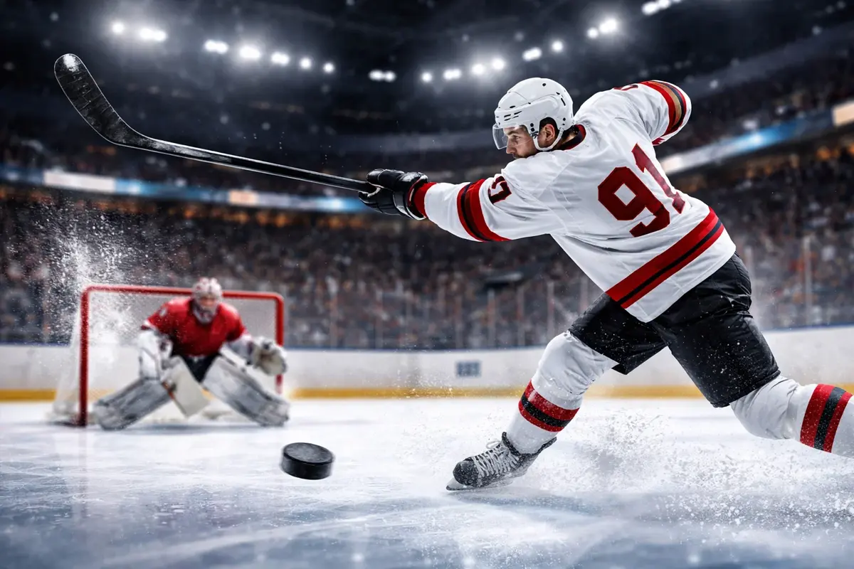 IJshockey aanvaller neemt schot op doel tijdens kansrijke situatie