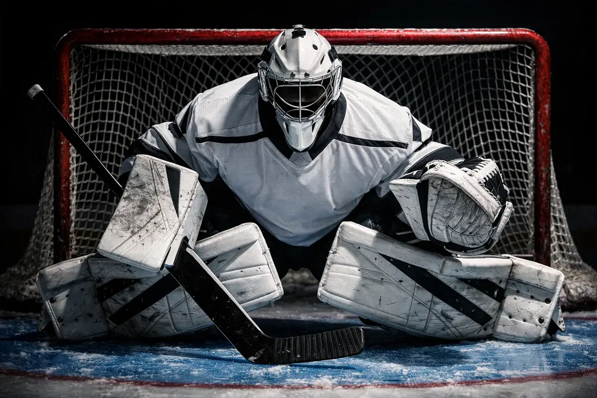 IJshockey keeper in geconcentreerde houding klaar om schot te stoppen
