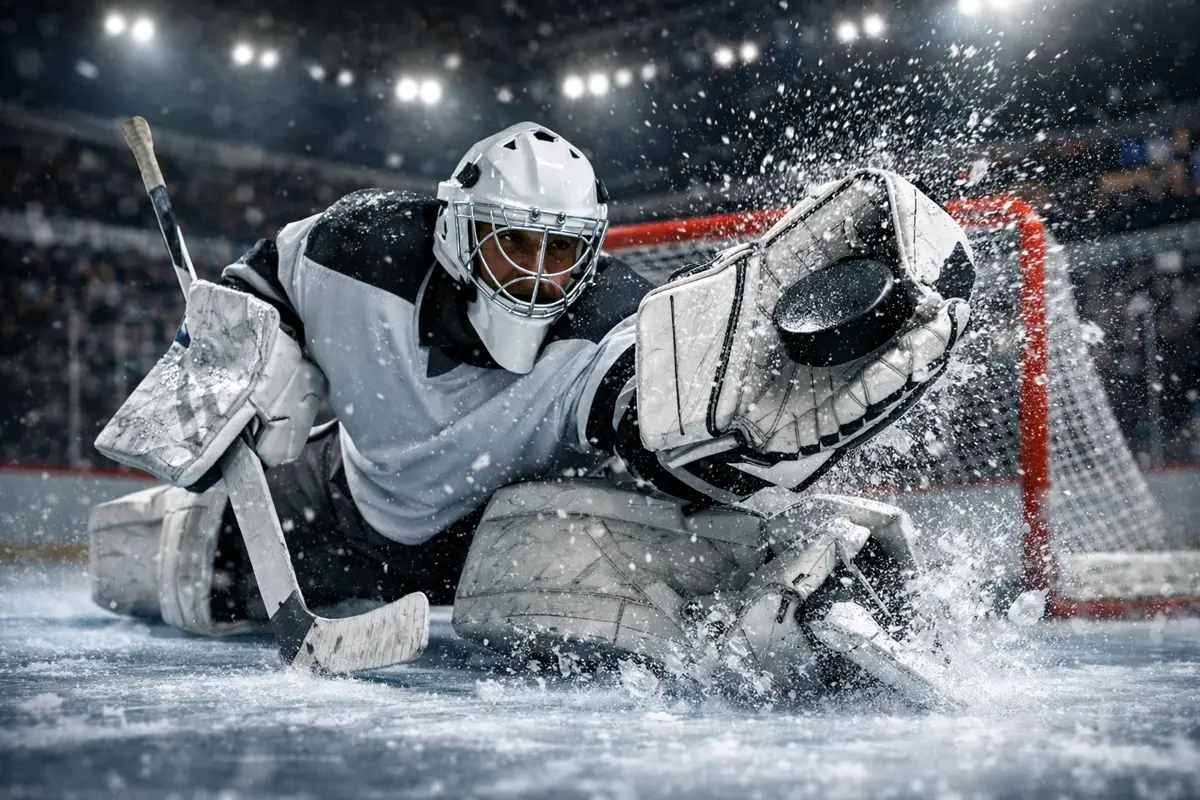 IJshockey keeper in actie die een schot stopt