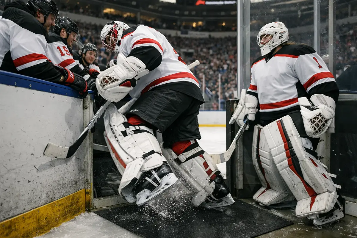 IJshockey keeper verlaat het ijs voor wissel tijdens wedstrijd