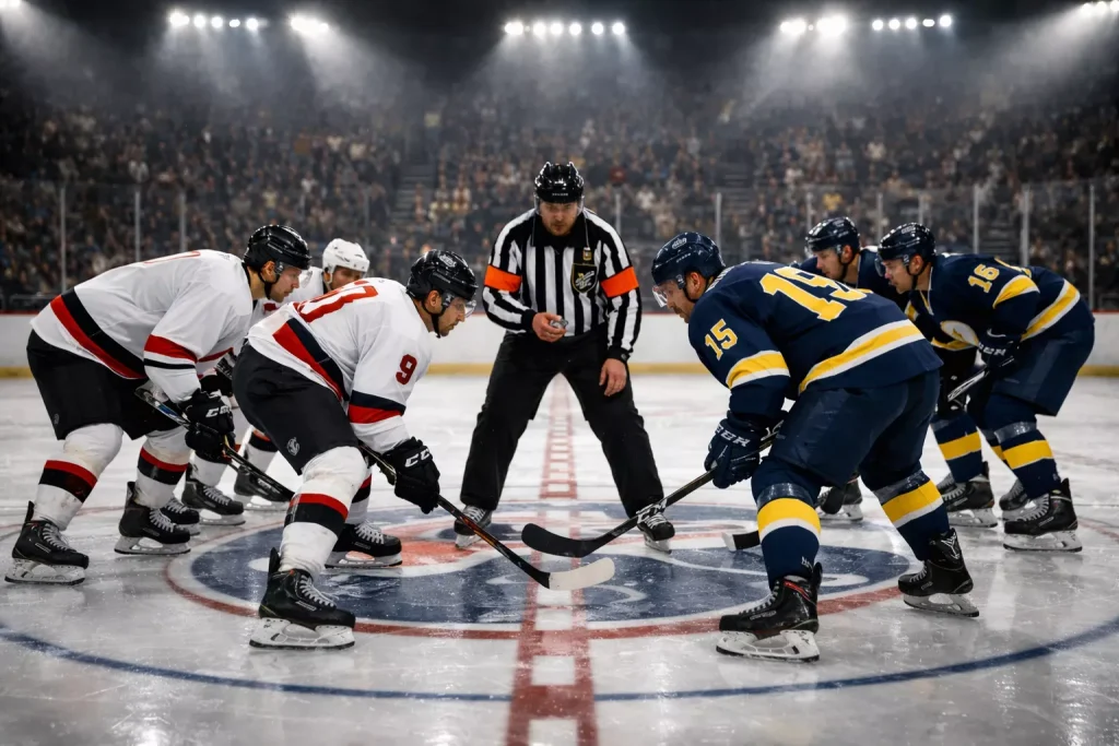 Twee ijshockeyteams staan klaar voor een face-off op het ijs in een vol stadion
