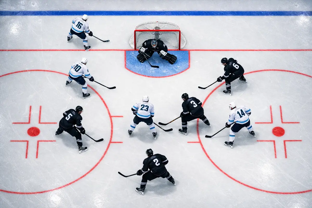 IJshockey team in powerplay formatie met een speler meer op het ijs