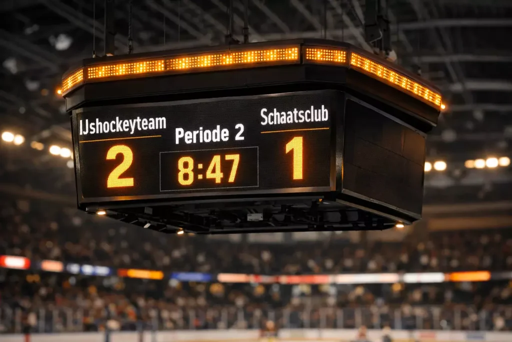 Close-up van een ijshockeywedstrijd scorebord met twee teams en de stand in een arena