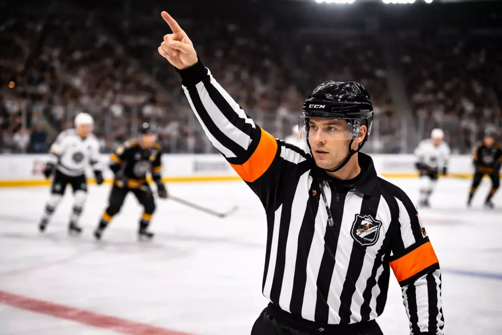 Scheidsrechter op het ijs wijst een penalty aan tijdens een ijshockeywedstrijd