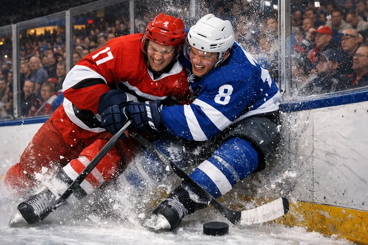 Twee ijshockey teams in fysiek duel tijdens rivalry wedstrijd
