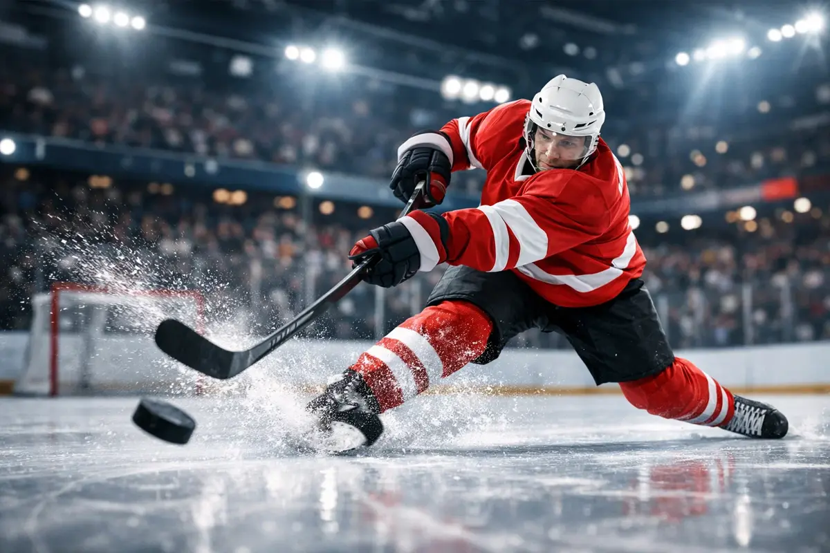 IJshockeyspeler schiet puck richting doel in verlichte arena