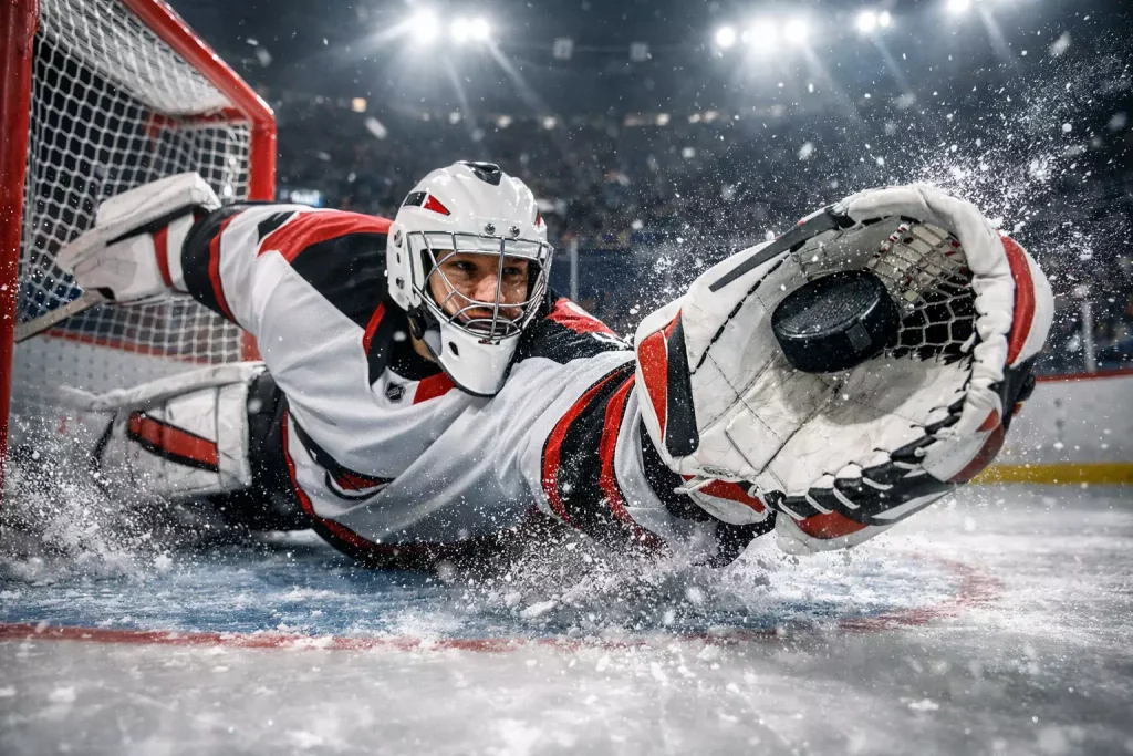 IJshockey keeper in actie maakt een spectaculaire save tijdens een NHL-wedstrijd