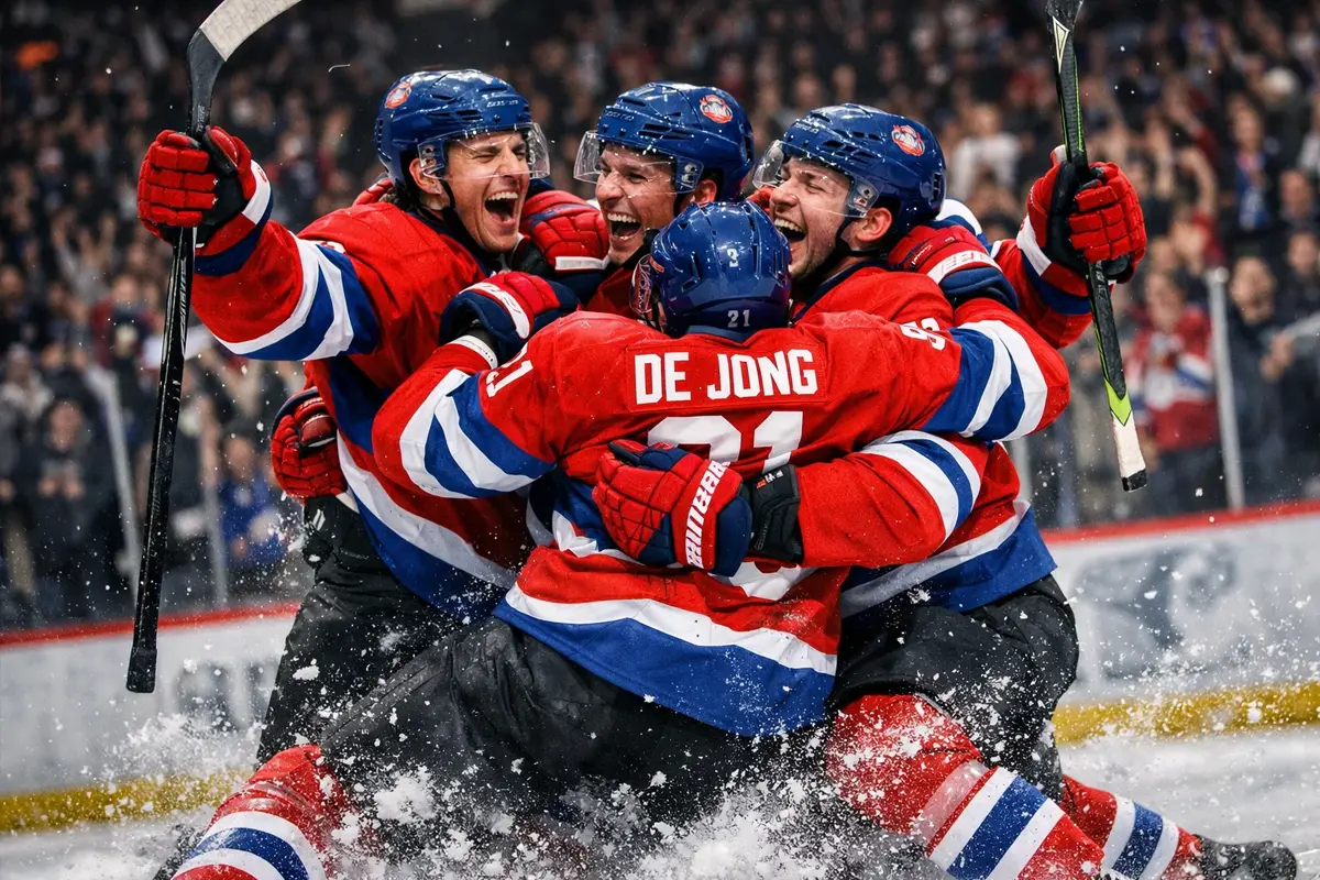 IJshockey spelers vieren doelpunt als teken van momentum verschuiving