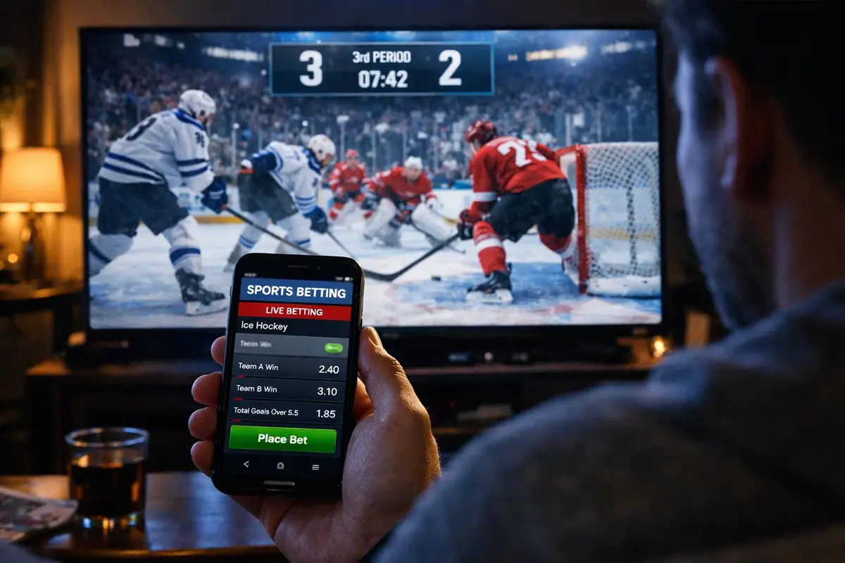 Persoon kijkt naar live ijshockey wedstrijd op scherm terwijl hij wedt