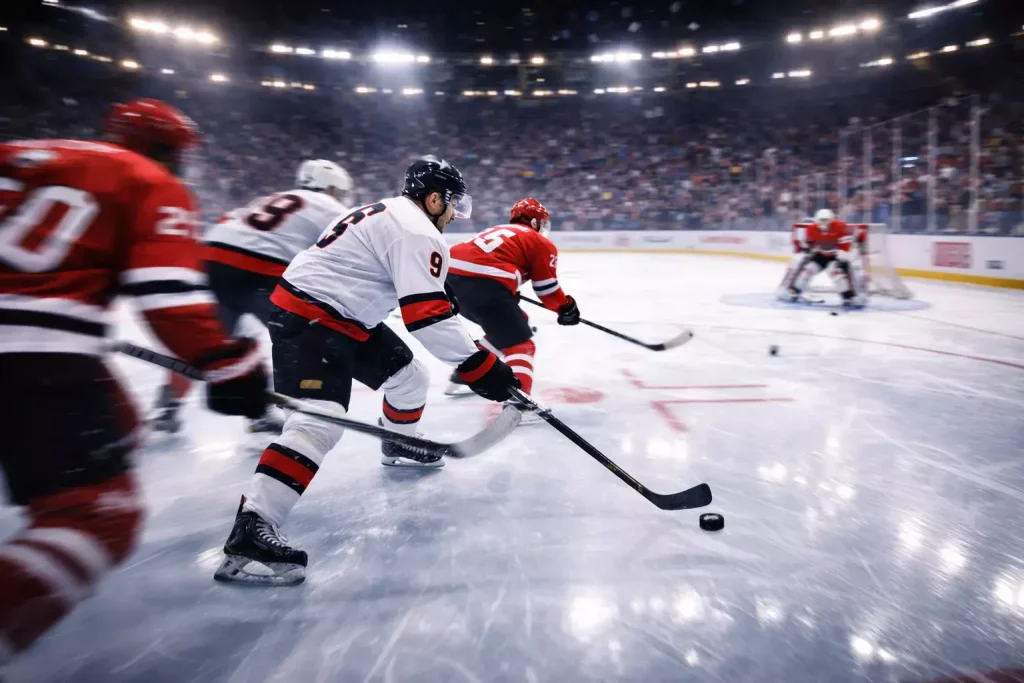 Intensief moment tijdens een ijshockeywedstrijd met spelers in een snelle aanval op het doel