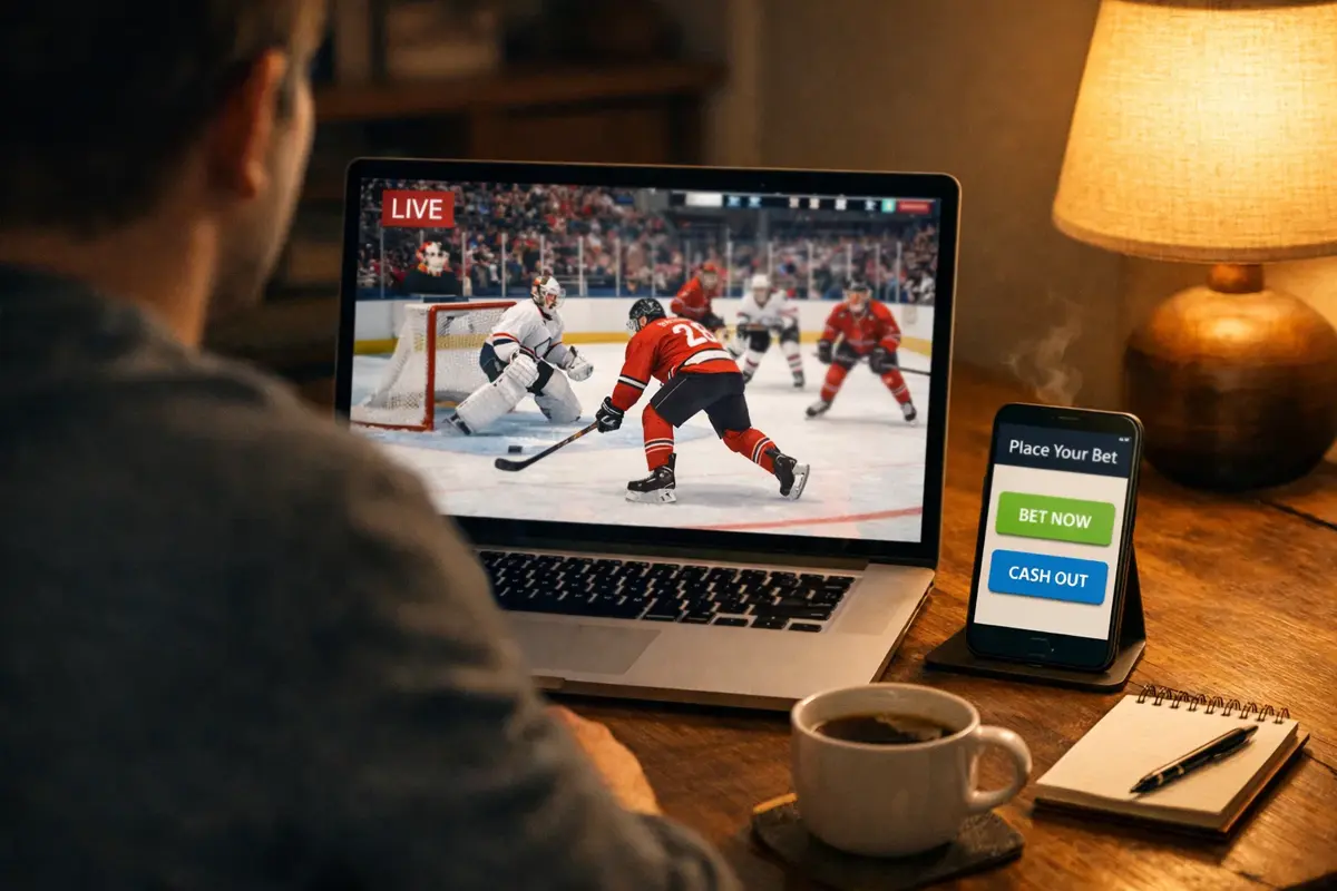 Supporter kijkt ijshockeywedstrijd op laptop met live wedden interface