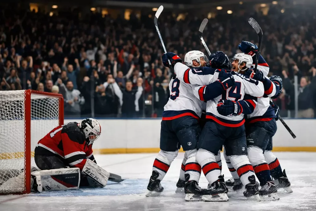 IJshockeyteam viert een comeback-doelpunt met juichende spelers op het ijs