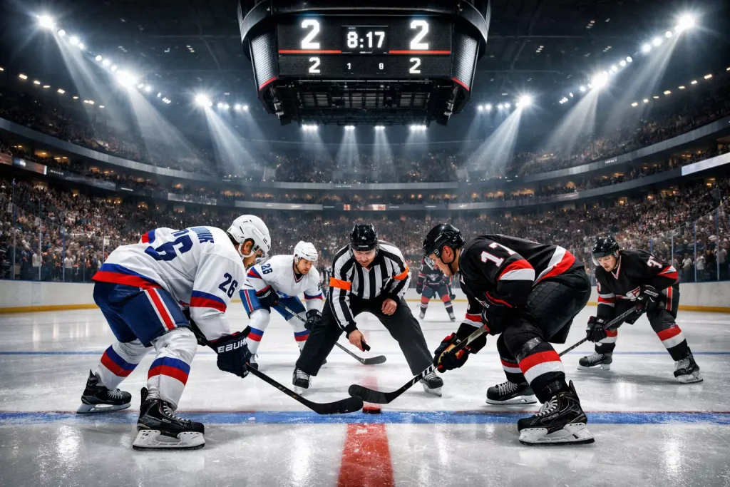 IJshockeywedstrijd in een stadion met spelers op het ijs en een scorebord