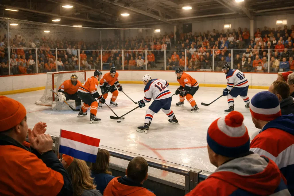 IJshockeywedstrijd in een Nederlandse ijshal met enthousiast publiek