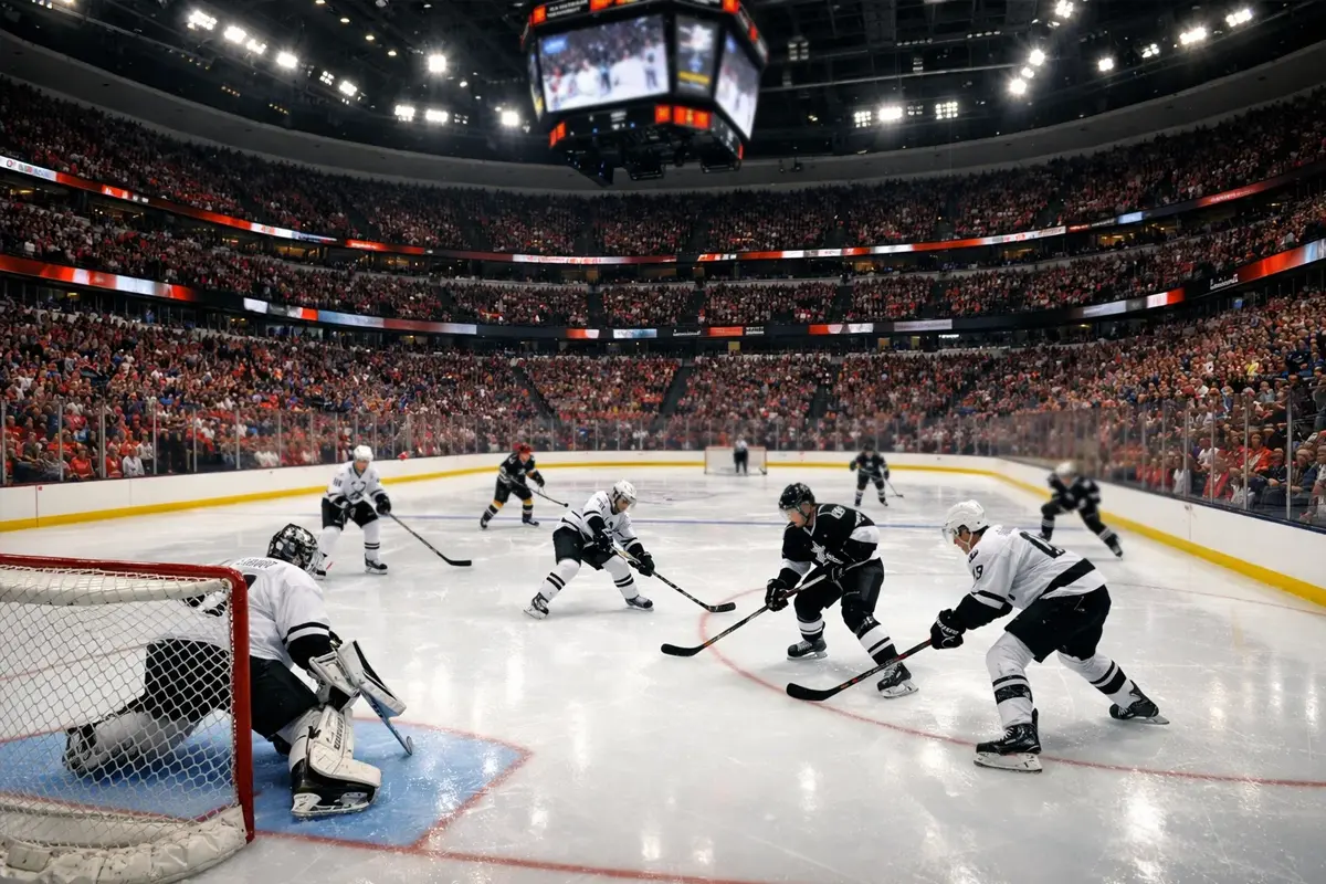 NHL ijshockey arena met spelers op het ijs tijdens een wedstrijd