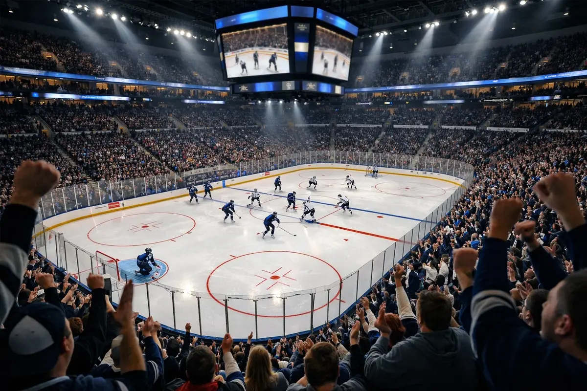 NHL-wedstrijd in een volle ijshockeyarena met fans en spelers op het ijs