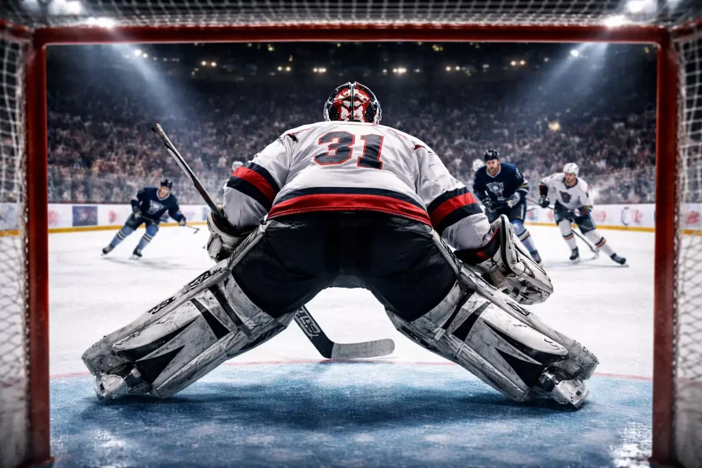 IJshockeykeeper die een schot stopt in een drukbezocht stadion