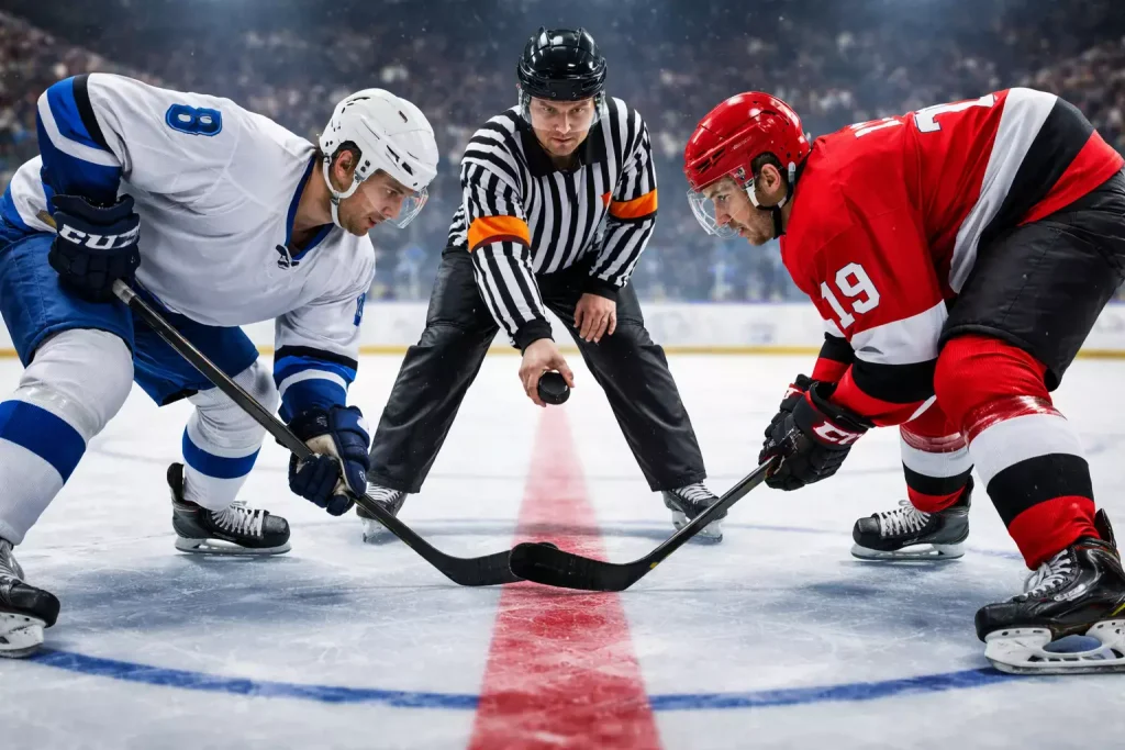 IJshockeyspelers tijdens een face-off aan het begin van een periode
