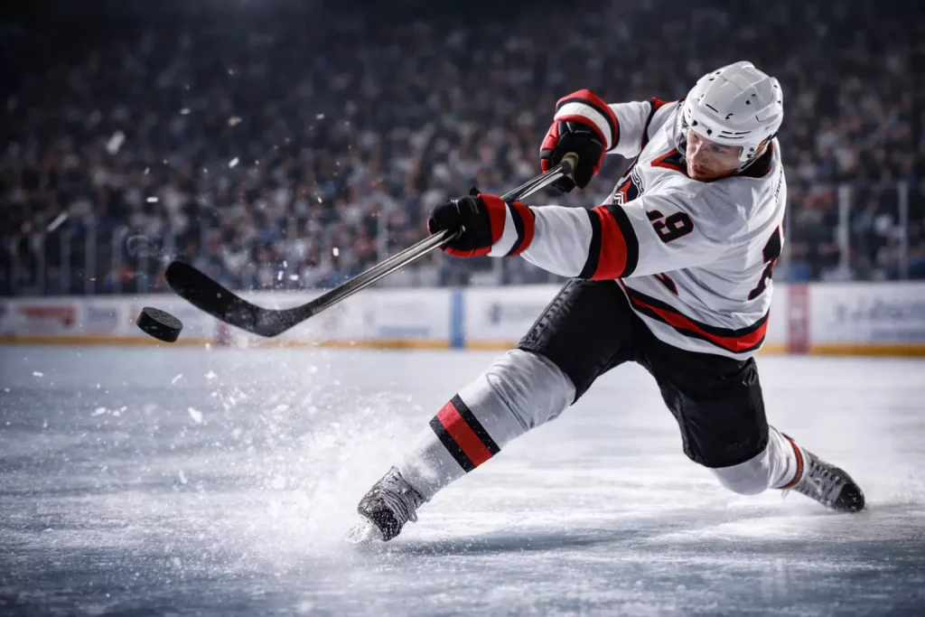 IJshockeyspeler die een schot op doel plaatst tijdens een NHL-wedstrijd