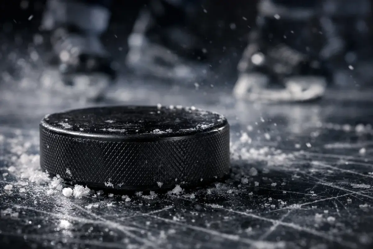 IJshockey puck op het ijs met spelers op de achtergrond