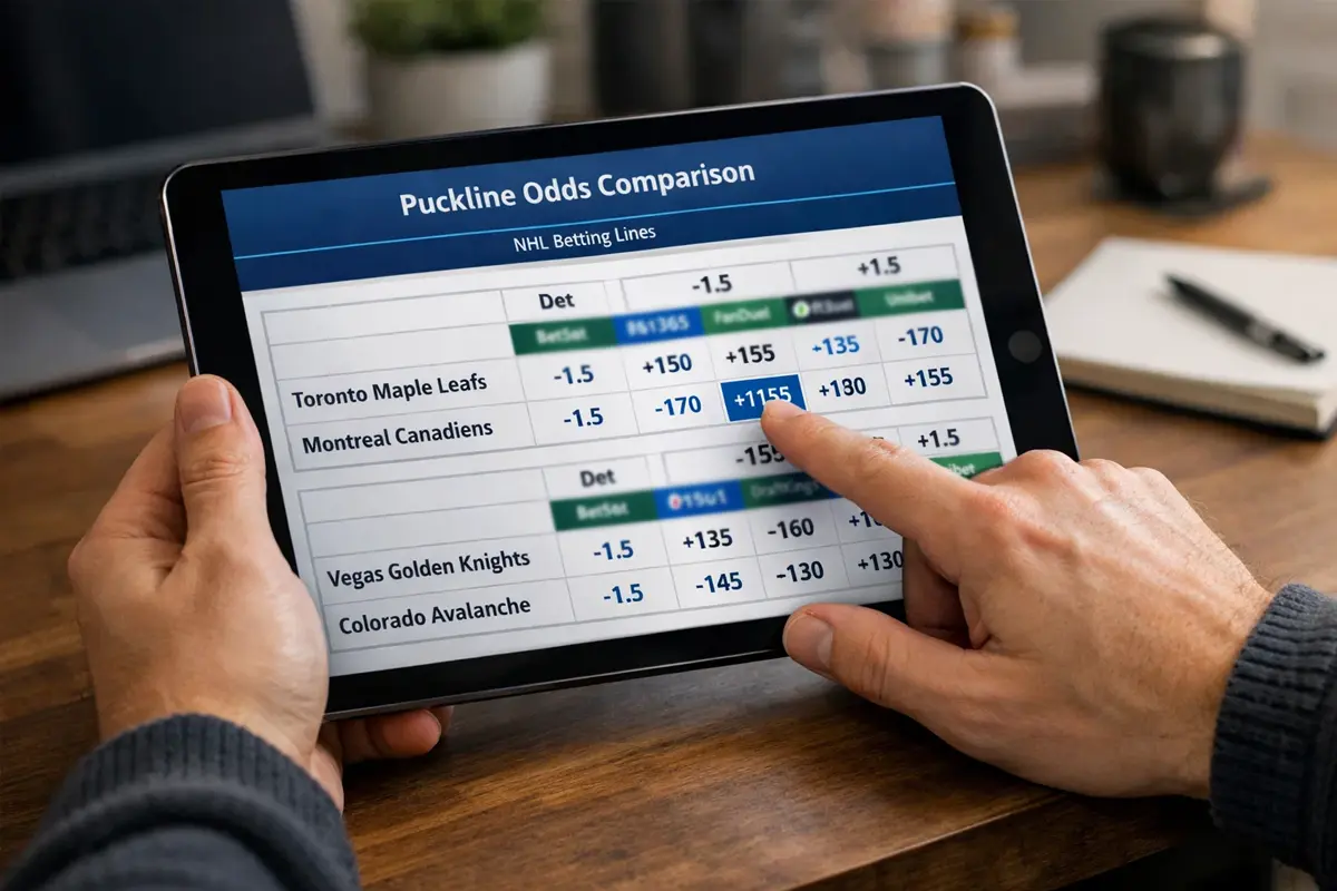 Wedder bestudeert puckline odds op tablet voor analyse