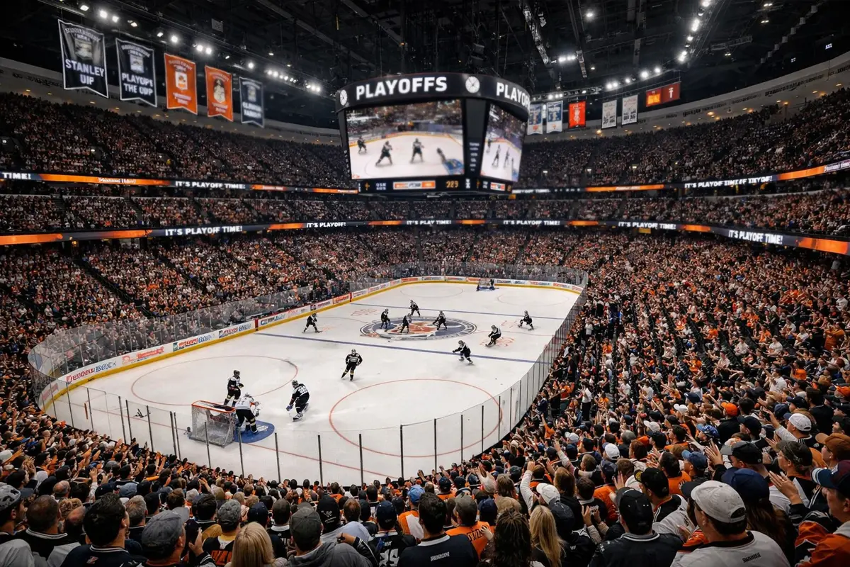 Spannende playoff ijshockey wedstrijd met volle tribune