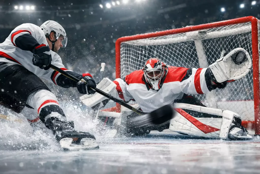 IJshockeyspeler die een puck in het doel schiet tijdens een wedstrijd