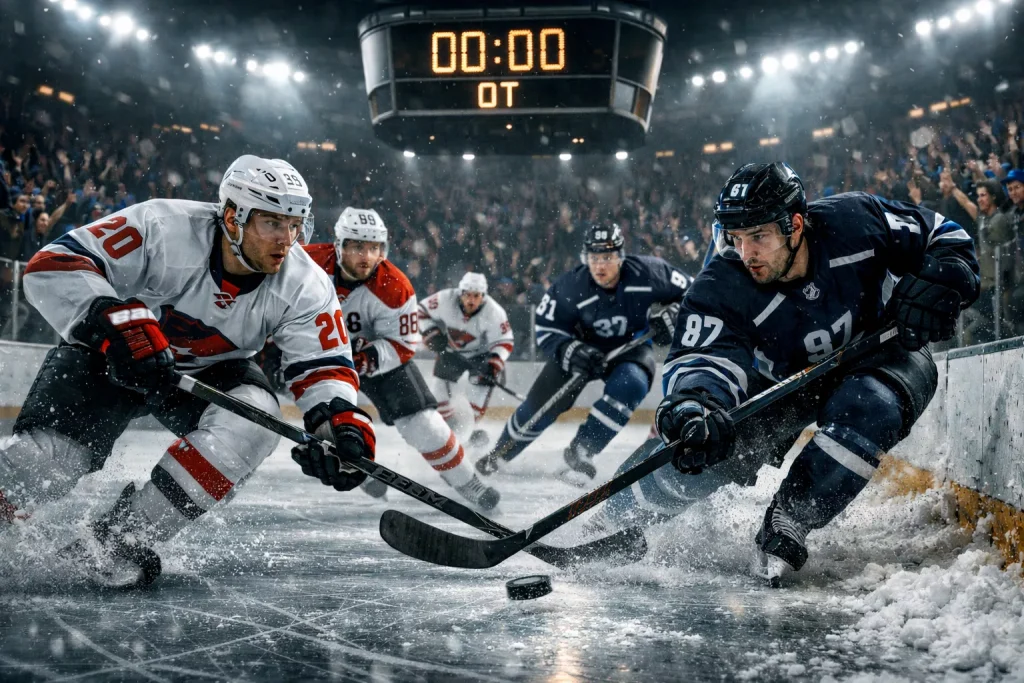 IJshockeywedstrijd in overtime met gespannen spelers op het ijs