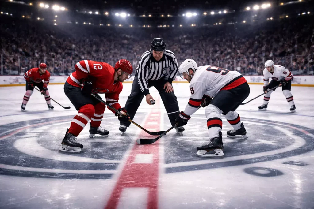 IJshockeyspelers op het ijs bij het begin van een nieuw NHL-seizoen met felle arenaverlichting