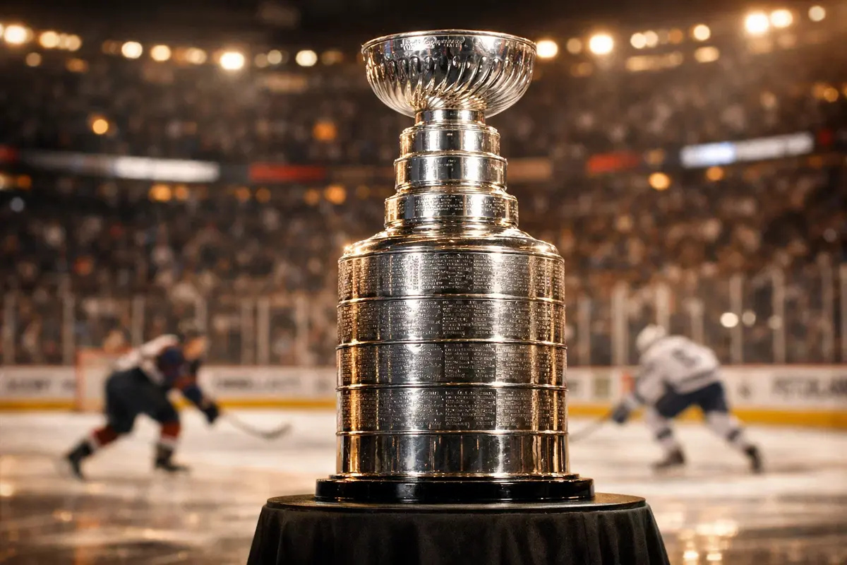 Stanley Cup trofee met ijshockey spelers op de achtergrond