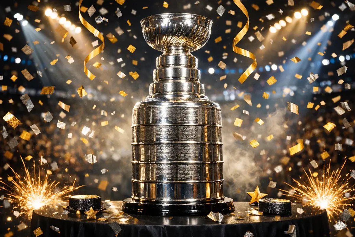 Stanley Cup trofee met promotionele banners voor weddenschappen