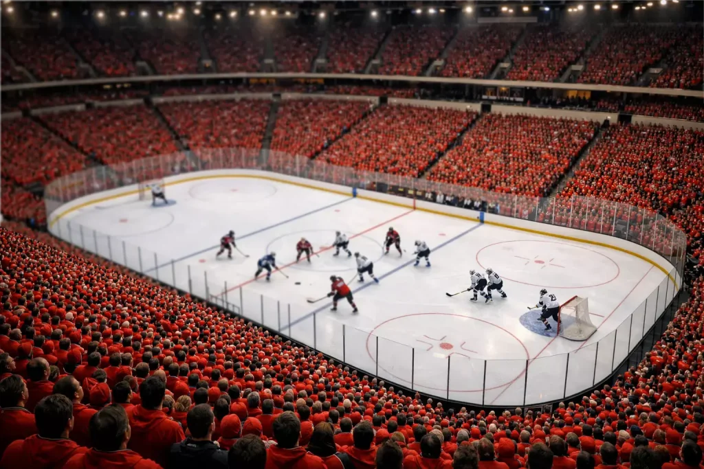 Uitverkocht ijshockeystadion met fanatiek thuispubliek tijdens een NHL-wedstrijd