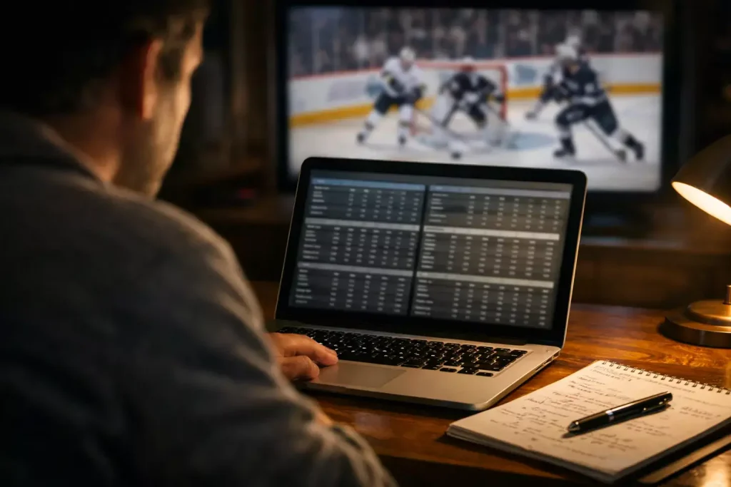 Persoon analyseert ijshockey statistieken op een laptop met een wedstrijd op de achtergrond