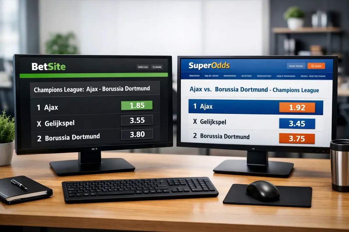 Persoon vergelijkt odds op meerdere schermen voor value betting