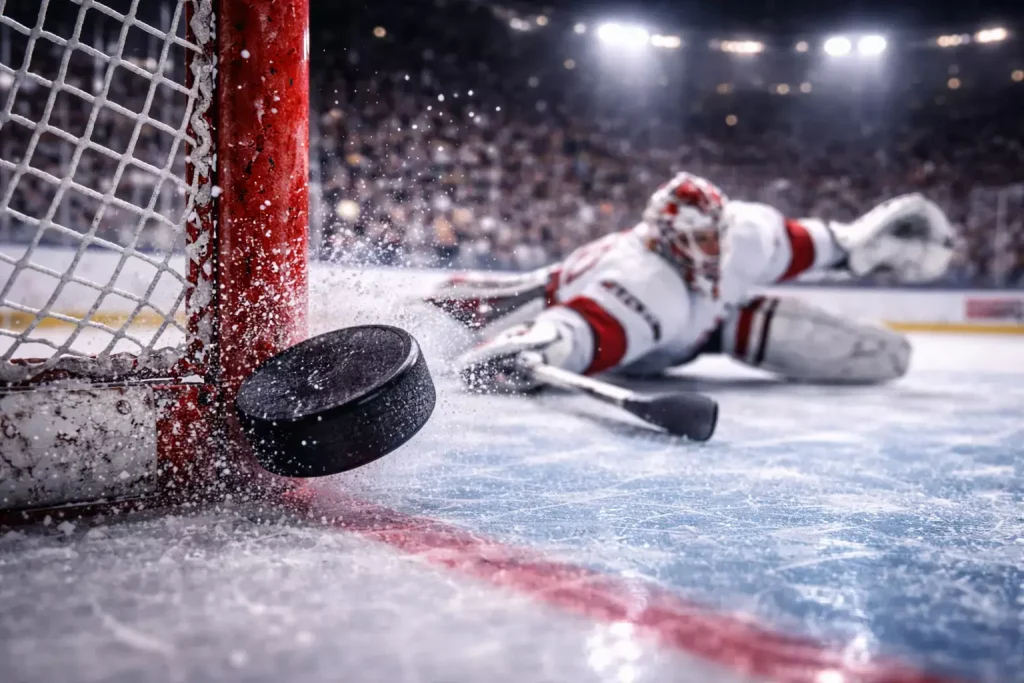 IJshockey puck die net naast het doel gaat langs de doelpaal in een close-up