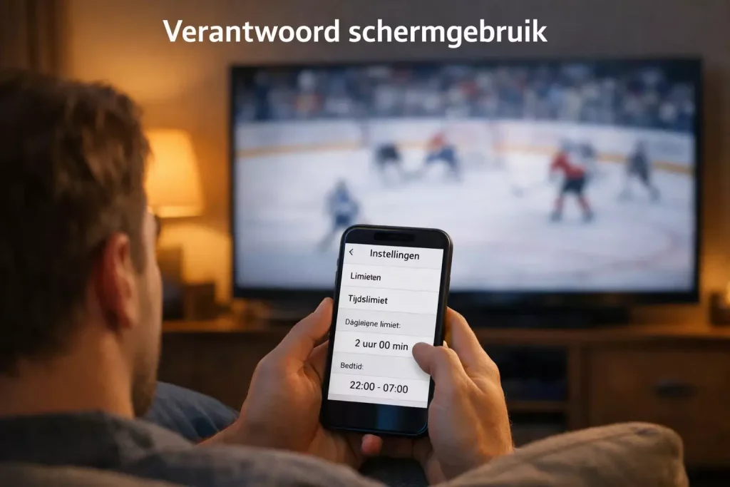 Persoon zet rustig een limiet in op een smartphone met een ijshockeywedstrijd op televisie