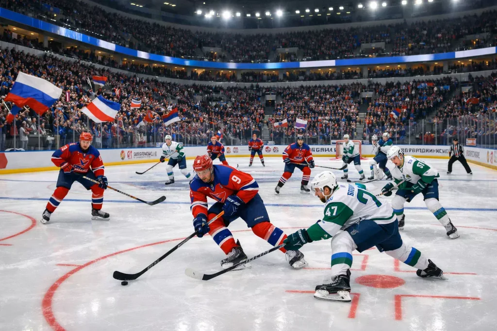 KHL-ijshockeywedstrijd in een Russisch stadion met fans en spelers
