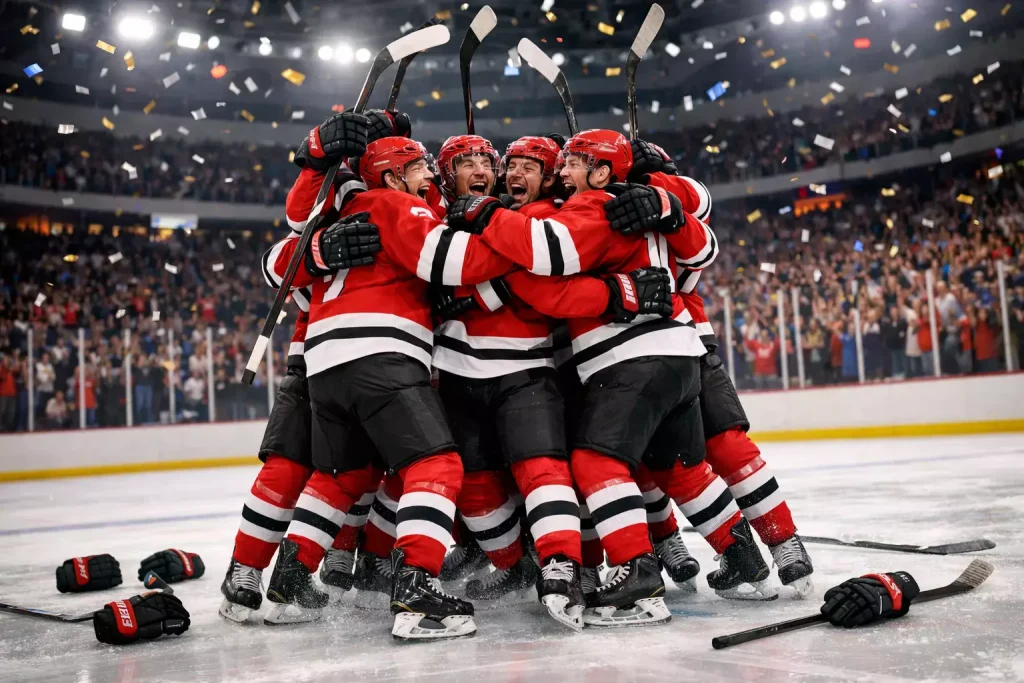 IJshockeyspelers die de Stanley Cup vieren na een gewonnen finale