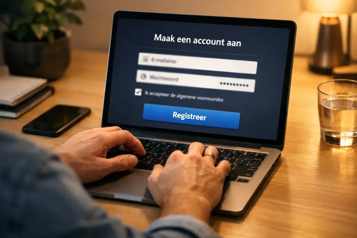 Persoon registreert zich bij bookmaker voor welkomstbonus op laptop