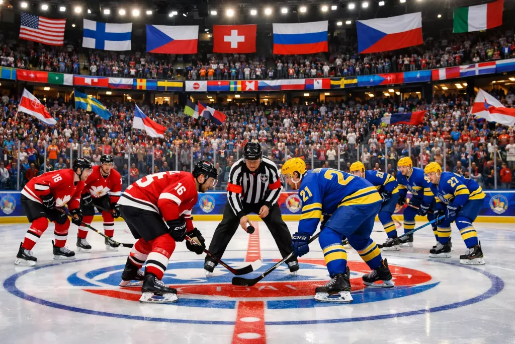 Landenteams op het ijs tijdens het WK IJshockey met nationale vlaggen